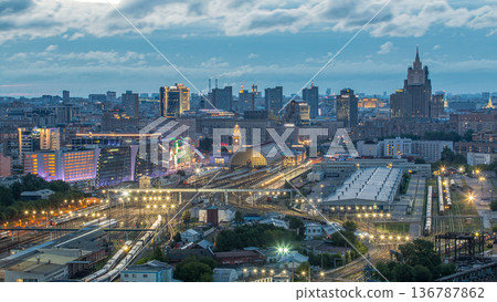 Panoramic view to Kiev Railway Station night to day timelapse and modern city in Moscow, Russia 136787862