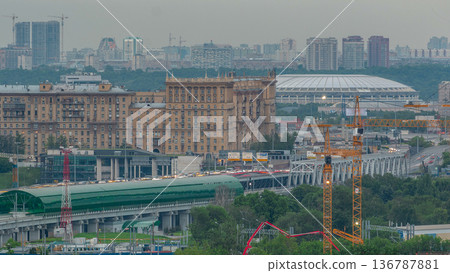 Moscow timelapse, evening view of the third transport ring and the central part of Moscow's rings, traffic, car lights 136787881