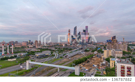 Business complex of skyscrapers Moscow city day to night timelapse. Business complex of skyscrapers Moscow city day to night timelapse. 136787882