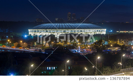 Aerial view of Luzhniki Stadium and complex from rooftop timelapse, Moscow, Russia at night. Aerial view of Luzhniki Stadium and complex from rooftop timelapse, Moscow, Russia at night. 136787894