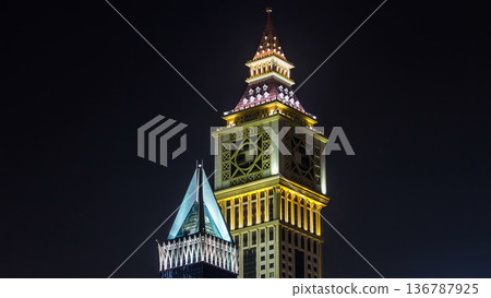 Downtown Dubai towers night timelapse. View of skyscrapers on Sheikh Zayed road. Downtown Dubai towers night timelapse. View of skyscrapers on Sheikh Zayed road. 136787925