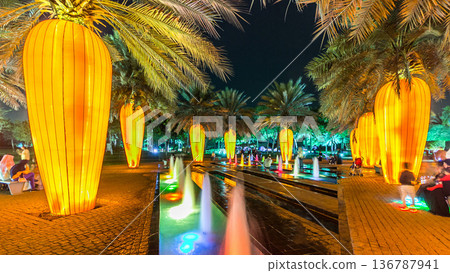 Dubai Glow Garden timelapse with illuminated trees and sculptures 136787941
