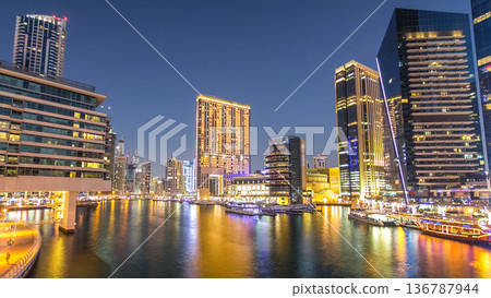 Dubai Marina towers and canal in Dubai day to night timelapse Dubai Marina towers and canal in Dubai day to night timelapse 136787944