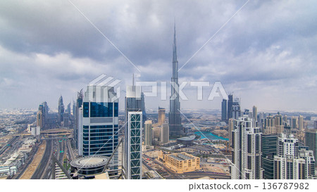 Panoramic skyline of Dubai timelapse, United Arab Emirates. View of world famous skyscrapers. 136787982