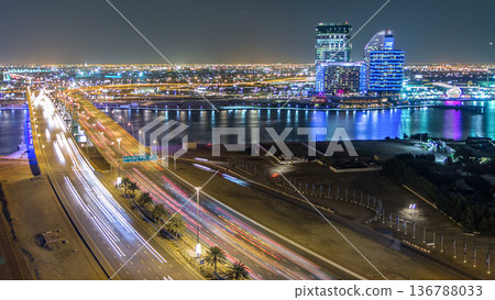 Business bay crossing bridge timelapse, 13-lane-bridge, over the Dubai Creek Business bay crossing bridge timelapse, 13-lane-bridge, over the Dubai Creek 136788033