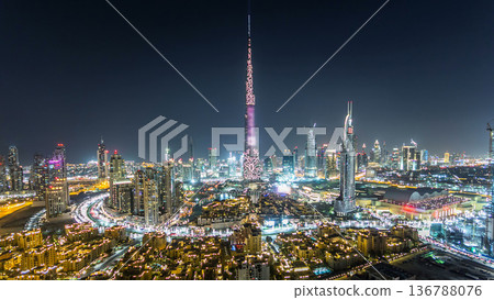Dubai Downtown at night timelapse view from the top in Dubai, United Arab Emirates 136788076