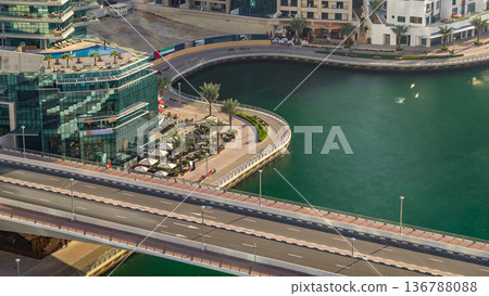 Aerial view timelapse of Dubai Marina at day time in Dubai, UAE Aerial view timelapse of Dubai Marina at day time in Dubai, UAE 136788088