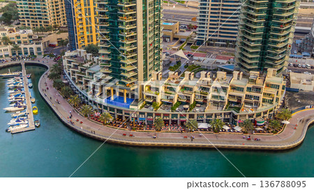 Aerial view timelapse of Dubai Marina at day time in Dubai, UAE Aerial view timelapse of Dubai Marina at day time in Dubai, UAE 136788095