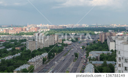 Traffic on the elevated avenue road aerial timelapse overpass on highway in a big city Traffic on the elevated avenue road aerial timelapse overpass on highway in a big city 136788149