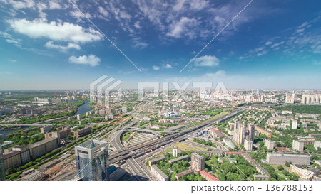 Panoramic aerial view of the buildings from the rooftop of Moscow International Business Center skyscraper timelapse, Russia 136788153