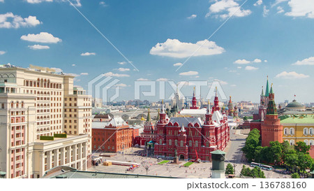 View of Manezh Square, Hotel Moscow, historical Museum and Kremlin timelapse in Moscow, Russia. 136788160