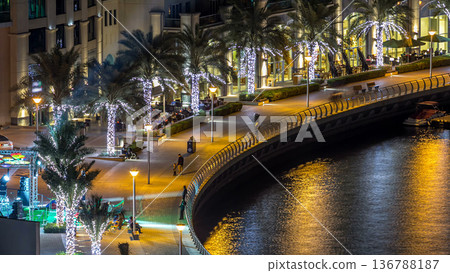 Promenade in Dubai Marina timelapse at night, UAE. Top view 136788187