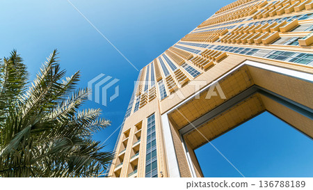 Luxurious Residence and Business Buildings with arch timelapse in Dubai Marina, UAE Luxurious Residence and Business Buildings with arch timelapse in Dubai Marina, UAE 136788189