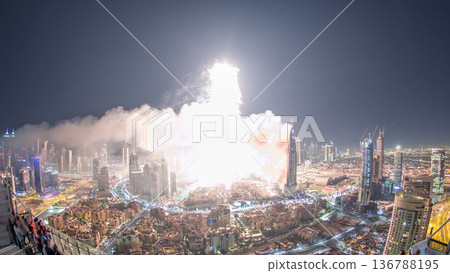 Dubai Burj Khalifa New Year fireworks celebration timelapse and the Fire accident at Dubai, UAE. Dubai Burj Khalifa New Year fireworks celebration timelapse and the Fire accident at Dubai, UAE. 136788195