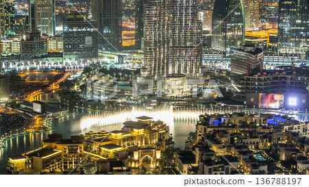 Dubai Downtown night timelapse view from the top in Dubai, United Arab Emirates Dubai Downtown night timelapse view from the top in Dubai, United Arab Emirates 136788197