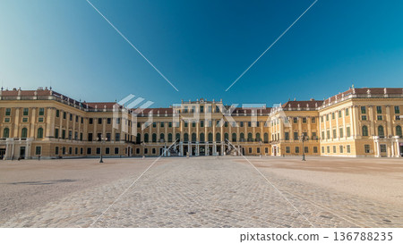 Beautiful view of famous Schonbrunn Palace timelapse hyperlapse with Great Parterre garden in Vienna, Austria 136788235