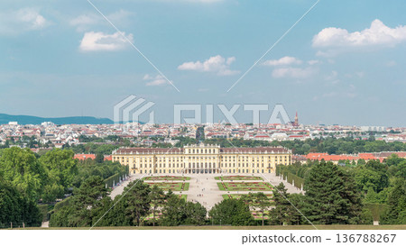 Beautiful view of famous Schonbrunn Palace timelapse hyperlapse with Great Parterre garden in Vienna, Austria 136788267