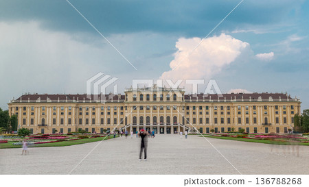 Beautiful view of famous Schonbrunn Palace timelapse hyperlapse with Great Parterre garden in Vienna, Austria 136788268