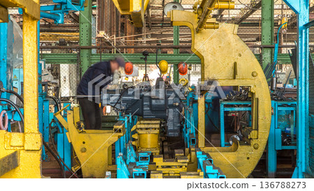 Tractor engine assembled on the factory production line on tractor factory timelapse Tractor engine assembled on the factory production line on tractor factory timelapse 136788273