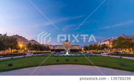 Panoramic day to night timelapse view of Art pavilion at King Tomislav square in Zagreb, Croatia. Panoramic day to night timelapse view of Art pavilion at King Tomislav square in Zagreb, Croatia. 136788290