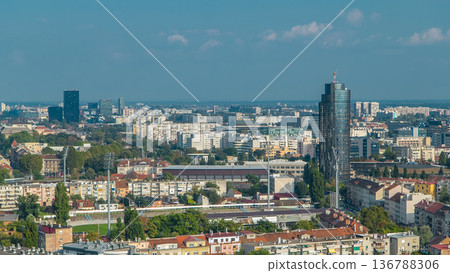 Panorama of the city center timelapse of Zagreb, Croatia, with modern and historic buildings, museums in the distance. 136788306