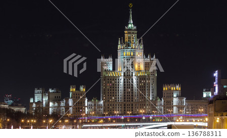 Dusk view of the Kotelnicheskaya Embankment Building, one of the Seven Sisters buildings in Moscow timelapse, Russia. Dusk view of the Kotelnicheskaya Embankment Building, one of the Seven Sisters buildings in Moscow timelapse, Russia. 136788311