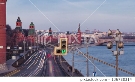 Kremlin embankment - Moskva River embankment near Kremlin. winter timelapse hyperlapse Kremlin embankment - Moskva River embankment near Kremlin. winter timelapse hyperlapse 136788314
