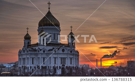 Majestic orthodox Cathedral of Christ Saviour with sunset Timelapse, Russia 136788315