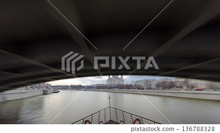 Moscow River. River cruise ships on the Moscow river winter timelapse hyperlapse 136788328