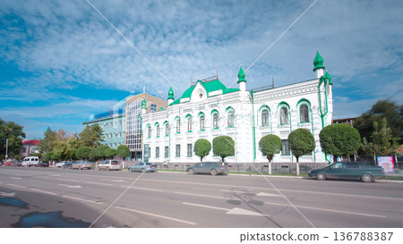 Beautiful 18th century building in the center of Uralsk timelapse hyperlapse. Western Kazakhstan. 136788387