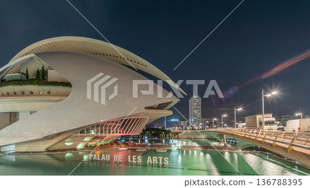 Aerial timelapse of the Palau de les Arts Reina Sofia in Valencia before a fireworks show. Spain Aerial timelapse of the Palau de les Arts Reina Sofia in Valencia before a fireworks show. Spain 136788395