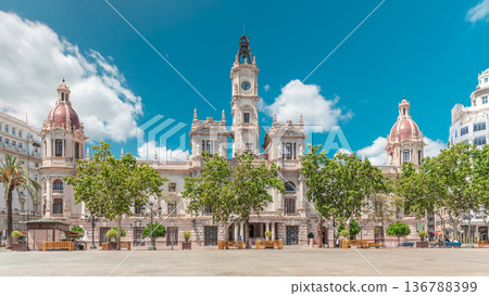 Valencia City Hall or Ajuntament de Valencia timelapse hyperlapse in Plaza de Ayuntamiento. Spain Valencia City Hall or Ajuntament de Valencia timelapse hyperlapse in Plaza de Ayuntamiento. Spain 136788399