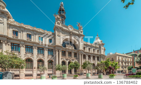 Historic Post Office in Valencia timelapse hyperlapse at City Hall Square. Spain 136788402