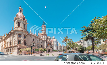 Valencia City Hall or Ajuntament de Valencia timelapse hyperlapse in Plaza de Ayuntamiento. Spain Valencia City Hall or Ajuntament de Valencia timelapse hyperlapse in Plaza de Ayuntamiento. Spain 136788411