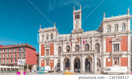 Town hall facade with flags in Plaza Mayor, Valladolid, Spain Town hall facade with flags in Plaza Mayor, Valladolid, Spain 136788417