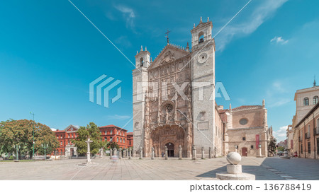 San Pablo Church in Valladolid with detailed facade and twin towers timelapse 136788419