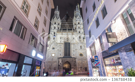 St. Stephen's Cathedral night timelapse hyperlapse, the mother church of Roman Catholic Archdiocese of Vienna, Austria 136788438