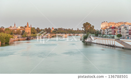 Aerial view of Seville divided by the river Guadalquivir timelapse hyperlapse Aerial view of Seville divided by the river Guadalquivir timelapse hyperlapse 136788501