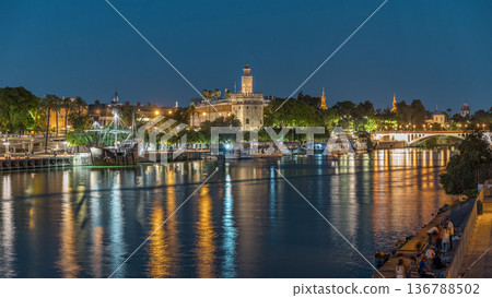 Torre del Oro day to night timelapse on Guadalquivir River in Seville, Spain Torre del Oro day to night timelapse on Guadalquivir River in Seville, Spain 136788502