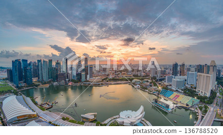 Panorama of Singapore Marina Bay with Financial District skyscrapers at sunset light reflected on the harbor timelapse. 136788520