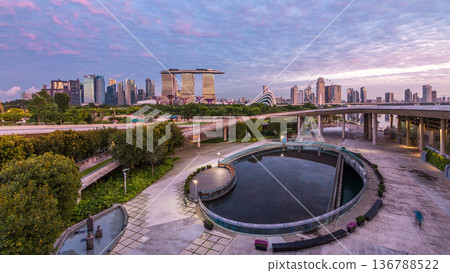 Panorama of Singapore with Gardens by the bay night to day timelapse before sunrise Panorama of Singapore with Gardens by the bay night to day timelapse before sunrise 136788522