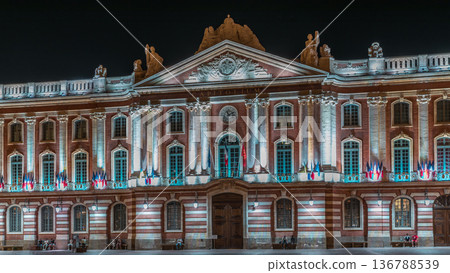 The Capitole de Toulouse night timelapse hyperlapse showcases the historic city hall. France The Capitole de Toulouse night timelapse hyperlapse showcases the historic city hall. France 136788539