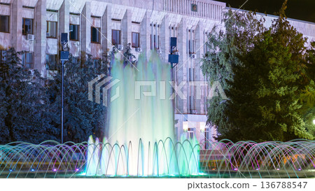 Amusement musical fountain Tornado in Uralsk night timelapse hyperlapse. Amusement musical fountain Tornado in Uralsk night timelapse hyperlapse. 136788547