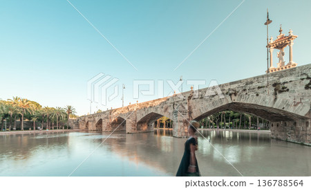 Pont de la Mar bridge timelapse in Valencia, Spain, ornate architecture reflected in a tranquil pond. Pont de la Mar bridge timelapse in Valencia, Spain, ornate architecture reflected in a tranquil pond. 136788564