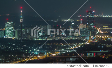 Skyline of Vienna from Danube Viewpoint Leopoldsberg aerial night timelapse. Skyline of Vienna from Danube Viewpoint Leopoldsberg aerial night timelapse. 136788589