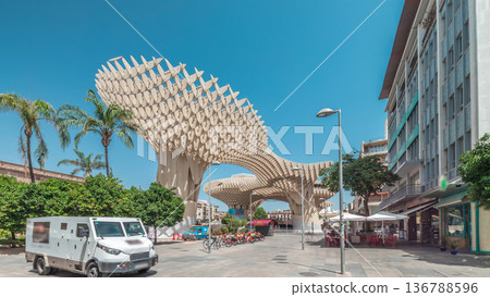 Metropol Parasol in Encarnacion Square timelapse hyperlapse, modern wooden structure, Seville Metropol Parasol in Encarnacion Square timelapse hyperlapse, modern wooden structure, Seville 136788596
