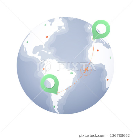 Around the world travelling by plane, airplane trip in various country. Travel from pin location on a global map to another marker. Vector Illustrations 136788662