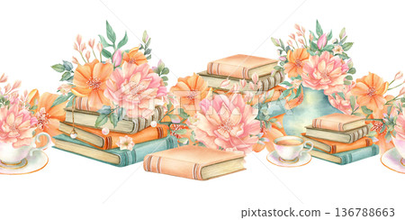 Vintage seamless border with flowers, stack of books. Cozy spring summer floral still life with peony, freesia, leaves, old literature. Watercolor hand drawn isolated illustration, library art 136788663