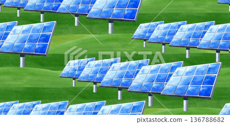 Solar panel, PV battery on field landscape seamless pattern, banner. Alternative generator energy. Renewable green energetic resources. Watercolor illustration for web sites design, save the planet 136788682