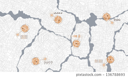 Online tracking and monitoring of vehicle. Analysis driverless or self driving cars at roads map. Autonomous vehicle remote sensing system. Isometric view on movement. Vector illustration 136788693